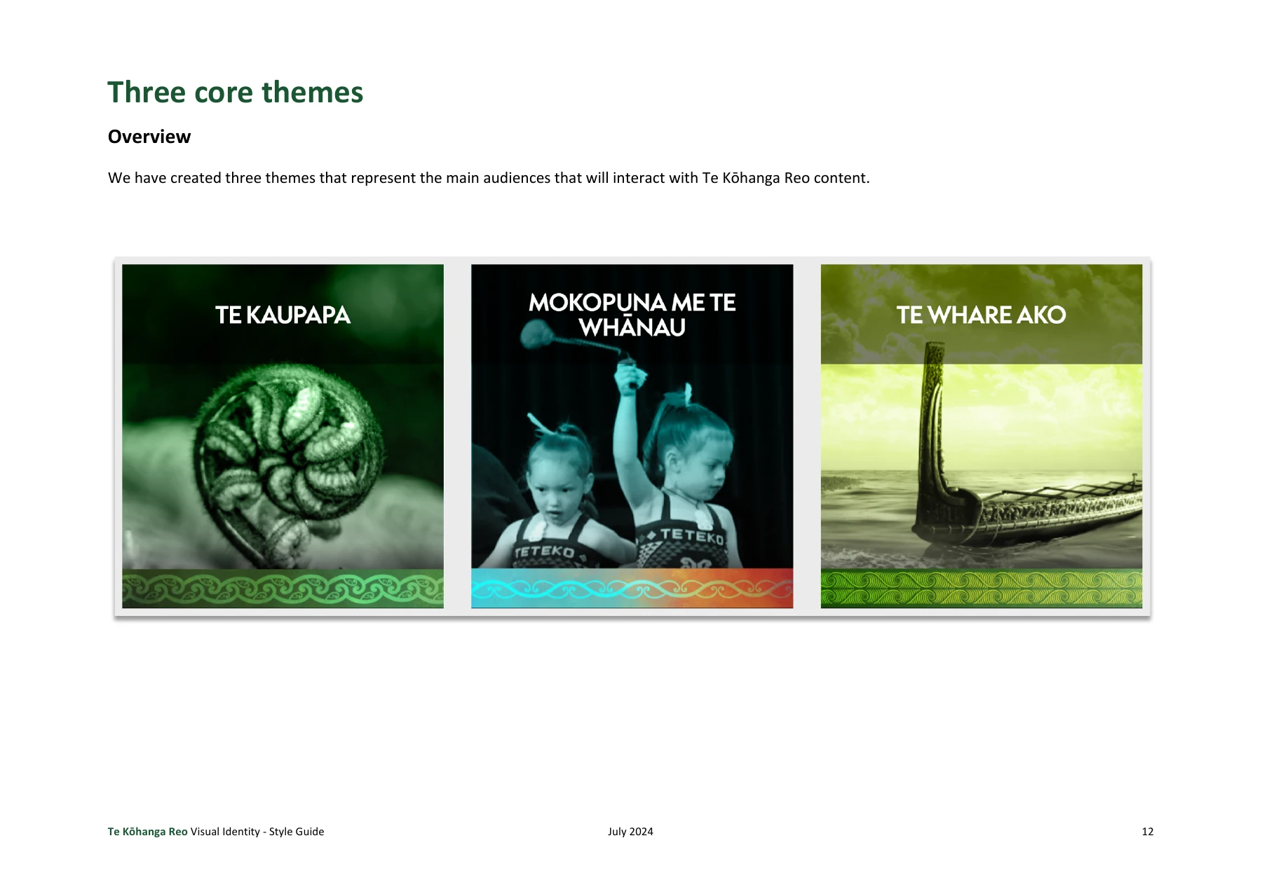 Three visual themes from the Te Kōhanga Reo style guide